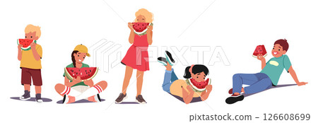 Funny hungry children cartoon characters biting watermelon slice eating seasonal fruit snack set 126608699