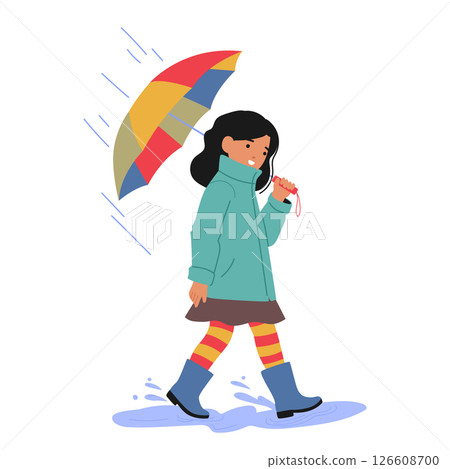 Pensively smiling girl child cartoon character with umbrella walking outdoors splashing puddles 126608700