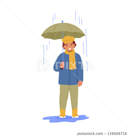 Handsome little boy child character holding umbrella standing under rain drops shower cartoon Handsome little boy child character holding umbrella standing under rain drops shower cartoon 126608716