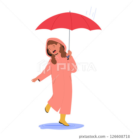 Cute girl child cartoon character with umbrella wearing raincoat and rubber boots dancing under rain Cute girl child cartoon character with umbrella wearing raincoat and rubber boots dancing under rain 126608718