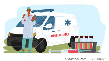 Doctor standing nearby ambulance car advertising high quality professional emergency service Doctor standing nearby ambulance car advertising high quality professional emergency service 126608723