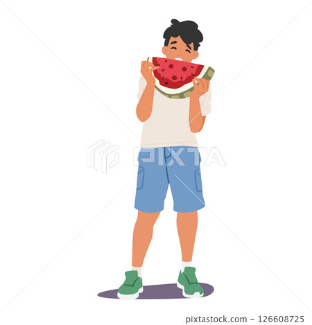 Preteen boy child cartoon character eating watermelon biting delicious food snack isolated on white Preteen boy child cartoon character eating watermelon biting delicious food snack isolated on white 126608725