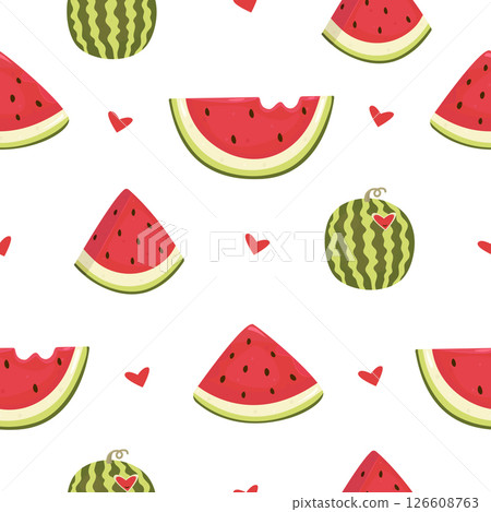 Juicy and ripe watermelon seamless pattern, color vector illustration in red and green shades 126608763