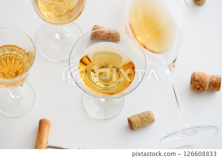 Set of glasses of yellow wine at wine tasting 126608833