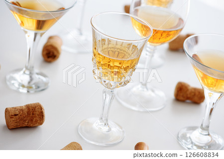 Set of glasses of yellow wine at wine tasting 126608834