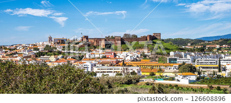 View of Silves town buildings with famous castle and cathedral, Algarve region, Portugal 126608896