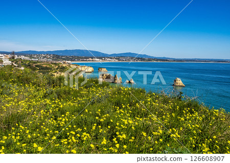 Ponta da Piedade is a unique rock formation with famous grottos in the ocean at Lagos, Algrave, Portugal 126608907