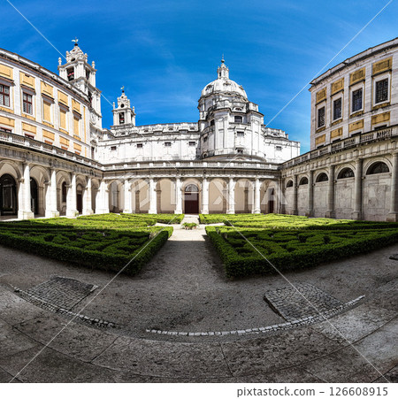 Courtyard of the Mafra National Palace, Convent and Basilica. Baroque architecture at Mafra in Portugal. 126608915