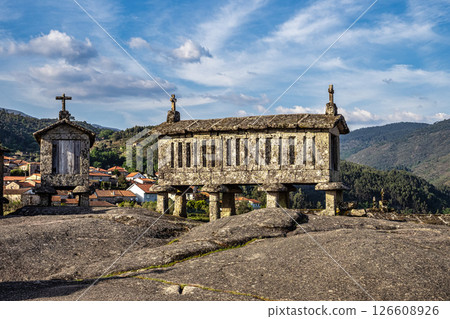The communitarian granaries, called espigueiros, in the village of Soajo, Peneda National Park, Northern Portugal 126608926
