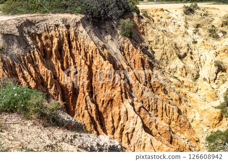 Praia da Marinha Beach among rock islets and cliffs seen from Seven Hanging Valleys Trail, Algarve, Portugal 126608942