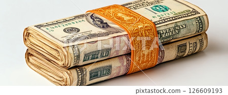 Aged Banknotes Bound with Orange Ribbon on White Background 126609193
