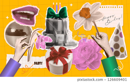 Happy birthday Halftone Collage design elements set in trendy dotted pop art style. Retro effect. Set of birthday elements. Hand with flower, cake, gift, conus cap, smiling mouth. Vector illustration 126609401
