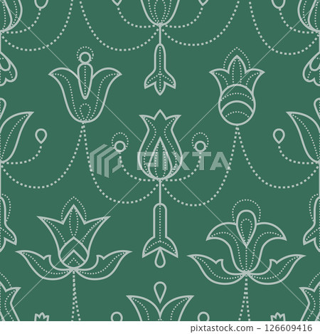 Abstract line flowers, bell, tulips seamless pattern on green. Geometric floral white linear vector background wedding design. Abstract line flowers, bell, tulips seamless pattern on green. Geometric floral white linear vector background wedding design. 126609416