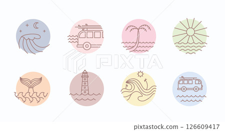 Line surfing art minimalist simple badge. Tropical ocean, sea vector illustrations set about vacation, hotel, island life. 126609417