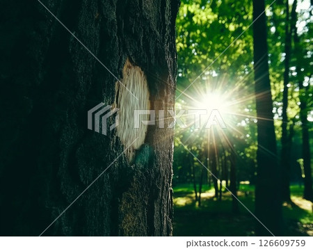 Sunlight filtering through trees, highlighting a scuffed trunk in a lush forest 126609759