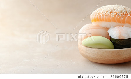 Assorted Sushi in Wooden Bowl on Beige Background 126609776