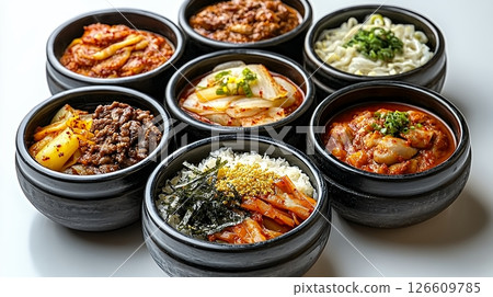 Assortment of Korean Dishes in Black Bowls on White Background Assortment of Korean Dishes in Black Bowls on White Background 126609785