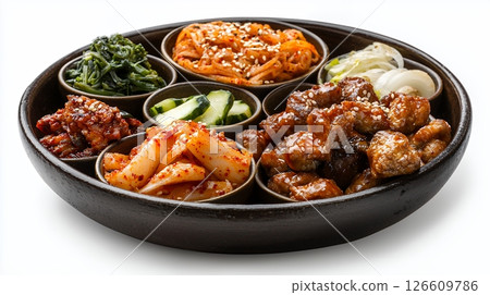 Assortment of Korean Dishes on Dark Brown Platter Assortment of Korean Dishes on Dark Brown Platter 126609786
