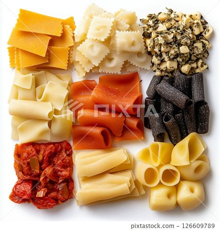 Assortment of Various Pasta Types with Square Composition on White Background 126609789