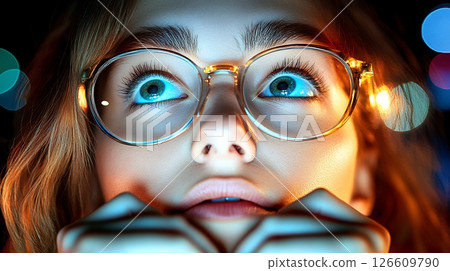 Astonished Young Woman in Gold Glasses Night Portrait 126609790