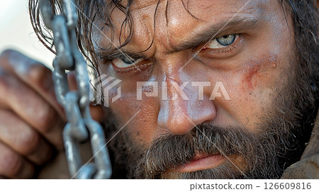 Close Up Portrait Weathered Man Grime Frost Intense Gaze Metal Chain 126609816