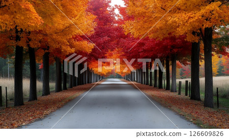Autumnal Road Lined with Vibrant Red and Orange Trees 126609826