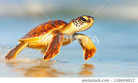 Baby Sea Turtle Crawling on Sandy Beach Towards Ocean Water on Sunny Day 126609837