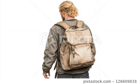 Back View of a Man with Blond Curly Hair Wearing Khaki Jacket and Carrying a Large Dirty Beige Backpack 126609838