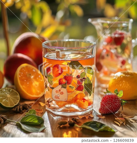 Summer morning still life featuring fruits, tea, and a vibrant cocktail in a lush garden setting 126609839