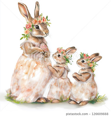 Watercolor bunny mom and kids preparing for spring celebrations with pastel eggs Watercolor bunny mom and kids preparing for spring celebrations with pastel eggs 126609888
