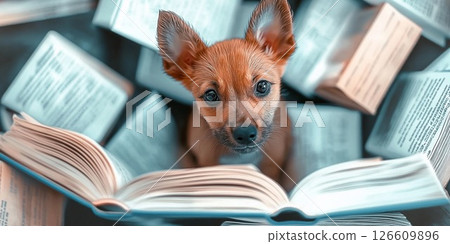 Cute puppy surrounded by open books on a white background delivering a cozy vibe 126609896