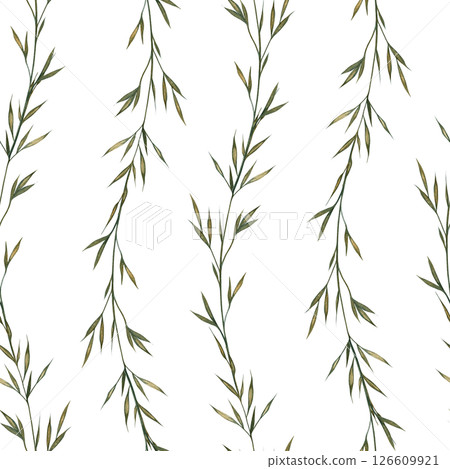 Seamless pattern of field grass spikelets. A hand-drawn watercolor illustration. For packaging, textiles, wallpaper, printing and wrapping paper, tablecloths, curtains and home decor. 126609921