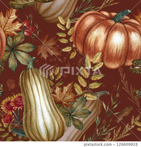 Seamless autumn pattern with pumpkins and various plant elements. Handmade watercolor illustration. On a dark background. For packaging, decor, textiles, wallpaper, printing and wrapping paper. 126609928