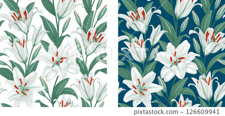 White Lilies Seamless Pattern Set 126609941