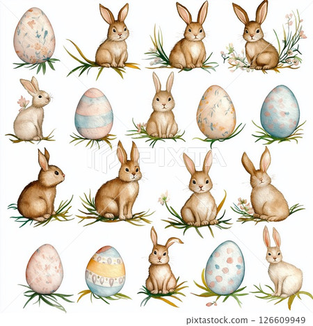 Charming watercolor bunny and egg clip art for Easter celebrations and crafts 126609949