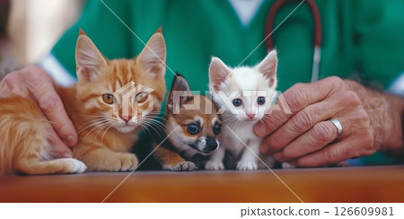 Close-up view of a doctor holding a kitten and a small dog in a caring moment Close-up view of a doctor holding a kitten and a small dog in a caring moment 126609981