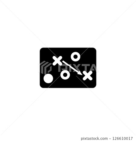 Simple black vector icon of a strategy board with X, O, and arrows, representing tactics. Simple black vector icon of a strategy board with X, O, and arrows, representing tactics. 126610017