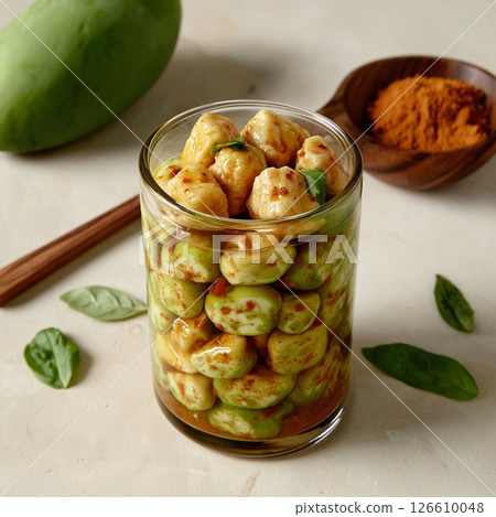 Mango pickle jar filled with vibrant spices in natural light setting Mango pickle jar filled with vibrant spices in natural light setting 126610048