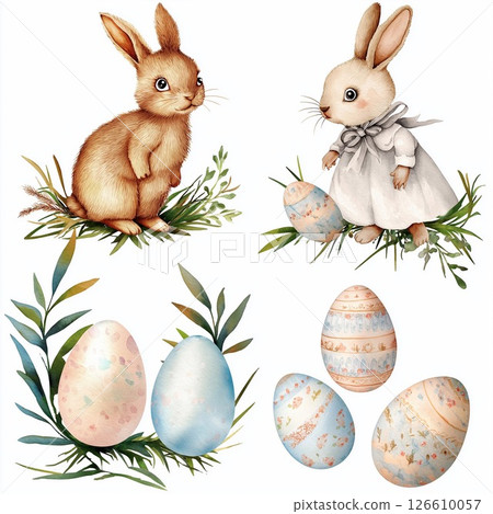 Cute watercolor bunny and Easter egg clip art for festive design projects Cute watercolor bunny and Easter egg clip art for festive design projects 126610057