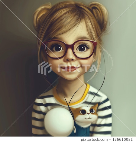 Joyful French girl with long black hair holding pastel balloons and a cute dark cat 126610081