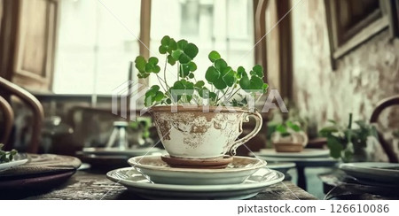 Rustic country style decor featuring a potted plant in a quaint cafe setting 126610086