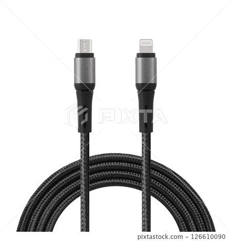 Black cable for charging and synchronization with Lightning and Micro USB connectors on a white isolated background 126610090