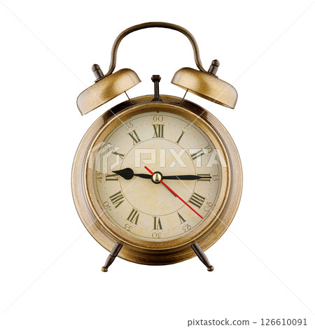 alarm clock, vintage clock with time 9 hours 00 minutes, a.m. 9:00, p.m. 9:00, on isolated white background alarm clock, vintage clock with time 9 hours 00 minutes, a.m. 9:00, p.m. 9:00, on isolated white background 126610091