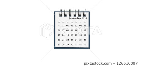 Desktop calendar for September 2026 in white colour. Mini planner for business and finance, spiral view on isolated white background Desktop calendar for September 2026 in white colour. Mini planner for business and finance, spiral view on isolated white background 126610097