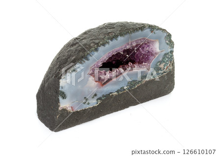 Amethyst Crystal Druse macro mineral on white background Amethyst Crystal Druse macro mineral on white background 126610107