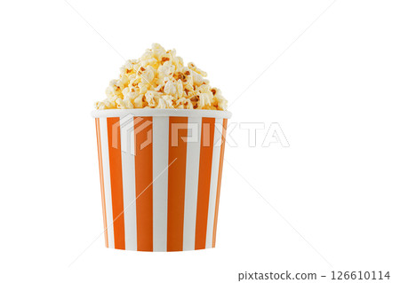 Delicious popcorn, classic box, classic paper cup with Orange stripe, isolated on white background Delicious popcorn, classic box, classic paper cup with Orange stripe, isolated on white background 126610114