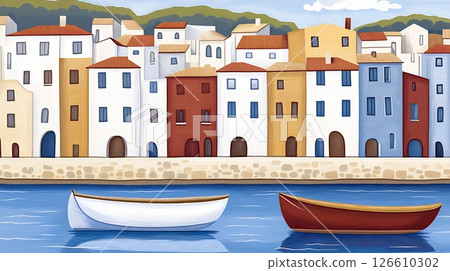 Picturesque Mediterranean Coastal Village with Colorful Buildings and Boats 126610302
