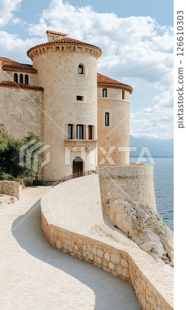 Picturesque Stone Castle with Red Tile Roofs on Coastal Cliff Under Blue Sky 126610303