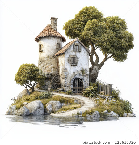 Stone House and Tower on a Secluded Island 126610320