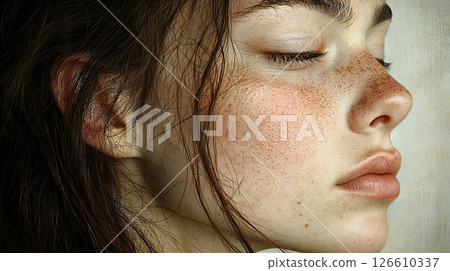 Close Up Profile of Freckled Young Woman with Dark Hair Eyes Closed Peaceful Expression Soft Lighting 126610337